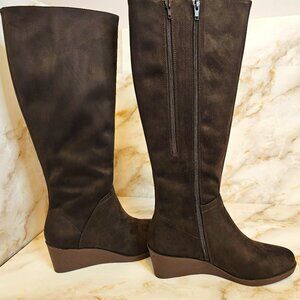 AEROSOLES Women's Tall Binocular Wide Calf Wedge Boots, Size 8, Brown Faux Suede